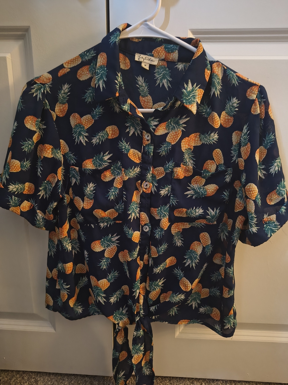 Lily White Navy Pineapple Print Tie-Front Blouse